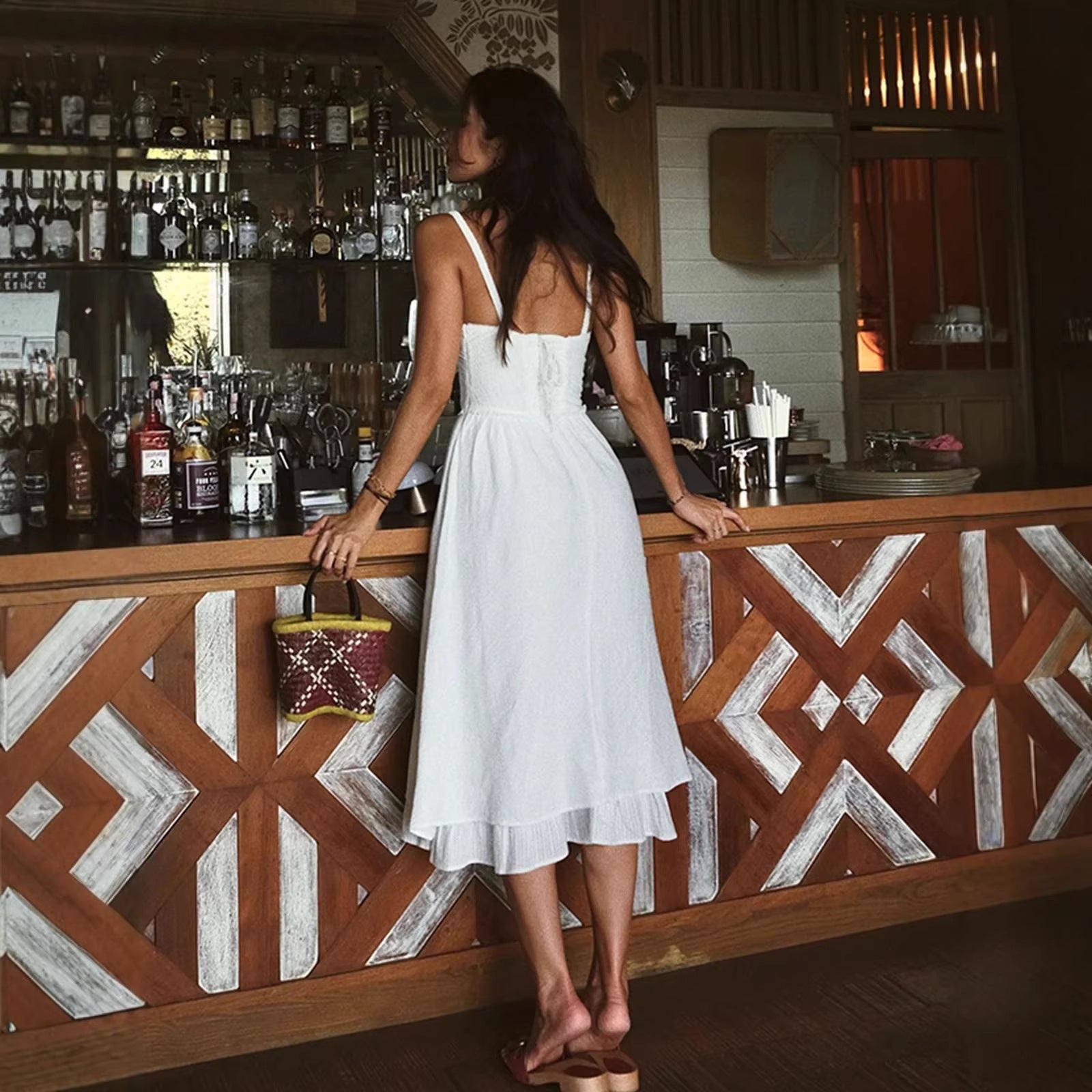 French-style Resort Slip Dress Sexy Open-back Solid Color High-waisted Figure-flattering