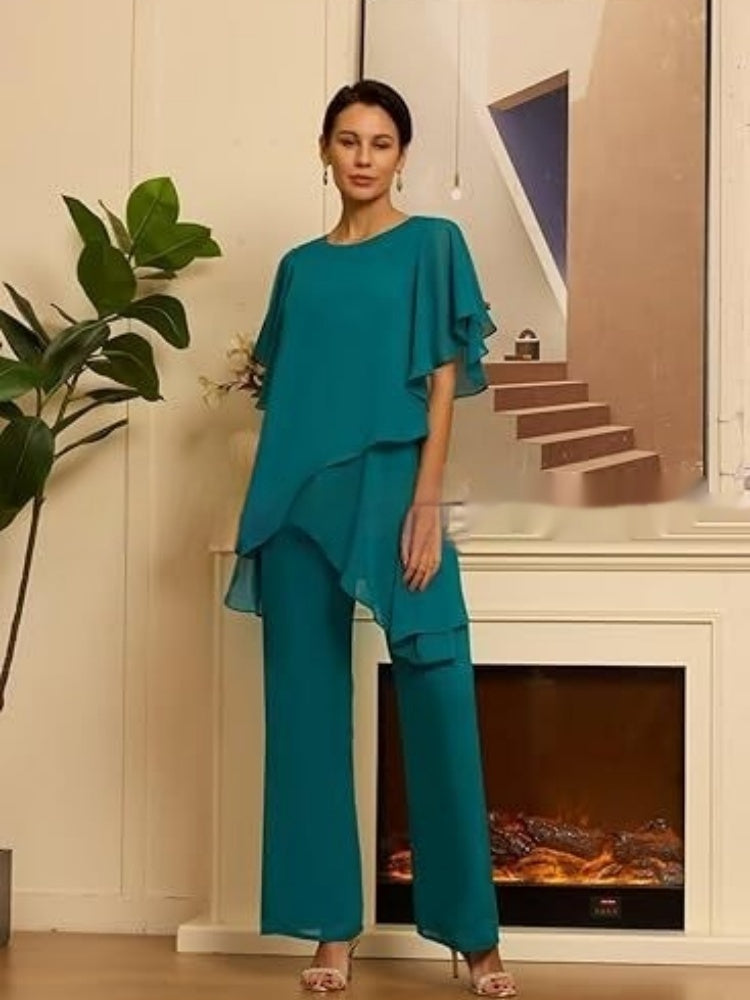 Chiffon Solid-Color Loose Irregular-Hem Co-ord Suit