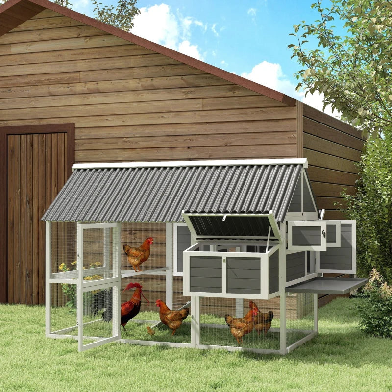 Wooden Chicken Coop With Run, 2 Nesting Boxes, 2 Roosting Bars, Ramp & Tray, Poultry Cage For 6-8 Chickens, Gray