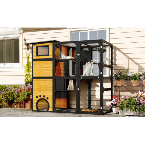 GO Large Cat Catio 4 Tiers Cat Enclosure For Outdoor, Cat House Weatherproof Attached To Window For Multiple Cats With Platforms And Resting Rooms, Brown