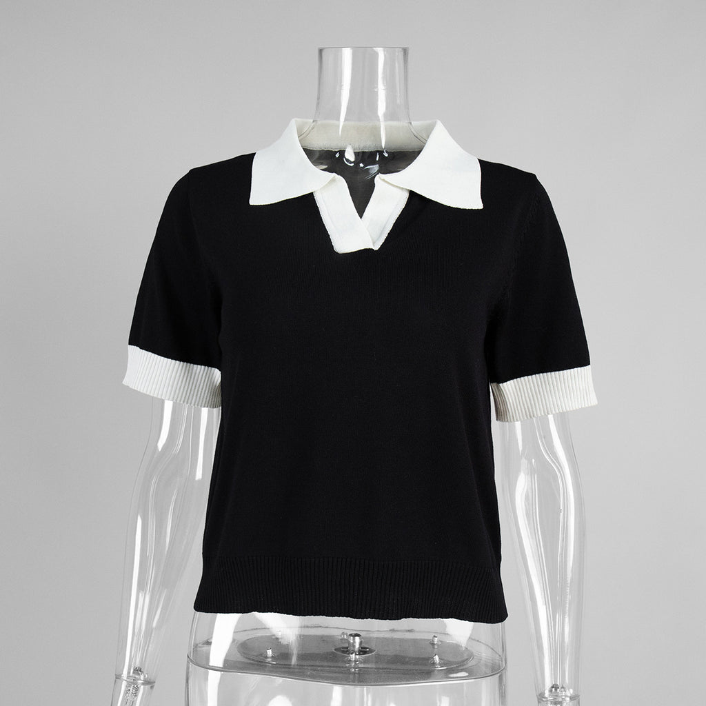 Elegant Commuter Polo-Neck Contrast-Color Loose Knit Top