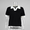 Elegant Commuter Polo-Neck Contrast-Color Loose Knit Top