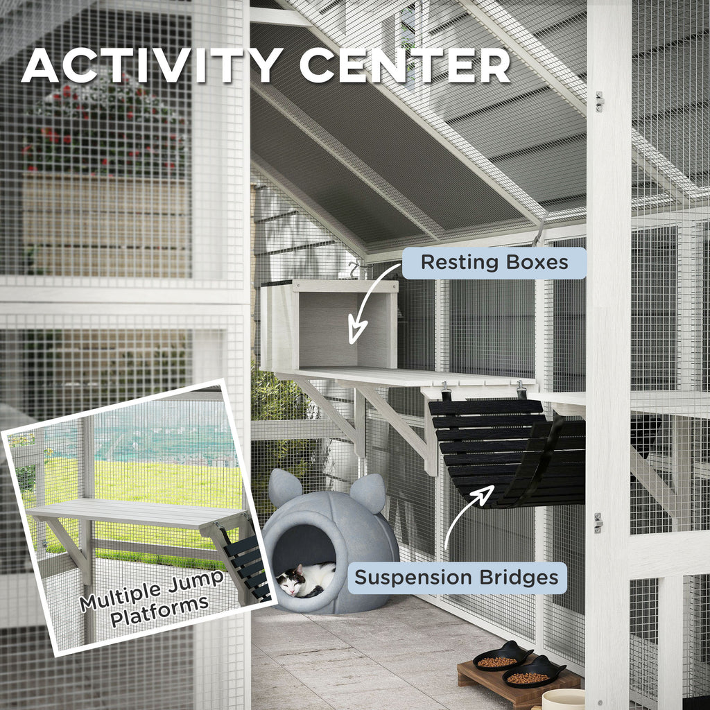 Wooden Catio Outdoor Cat Enclosure with Waterproof Cover, 2 Condos, 6 Platforms, Bridge, Doors, White
