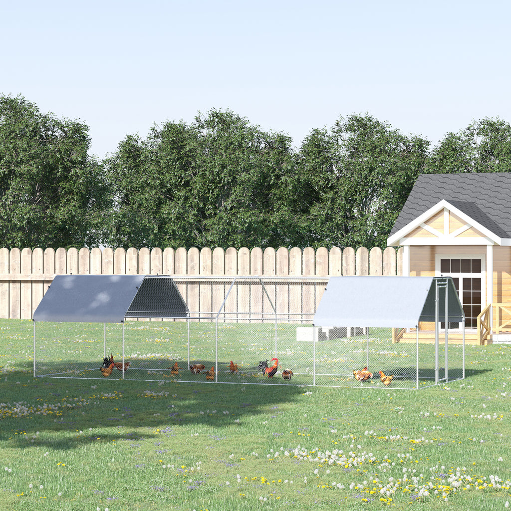Large Chicken Coop Metal Chicken Run with Waterproof and Anti-UV Cover, Flat Shaped Walk-in Fence Cage Hen House for Outdoor and Yard Farm Use, 1.3" Tube Diameter, 9' x 24' x 6.5'
