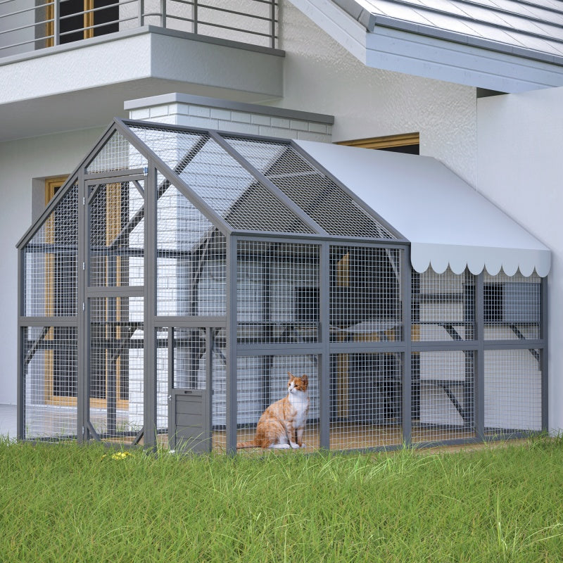 Extra Spacious Catio Outdoor Cat Haven, 110 Inch Luxury Cattery With Weather-Resistant Roof, Cat Climbing Ramp, Space Pod Bed, 2 Lounging Huts