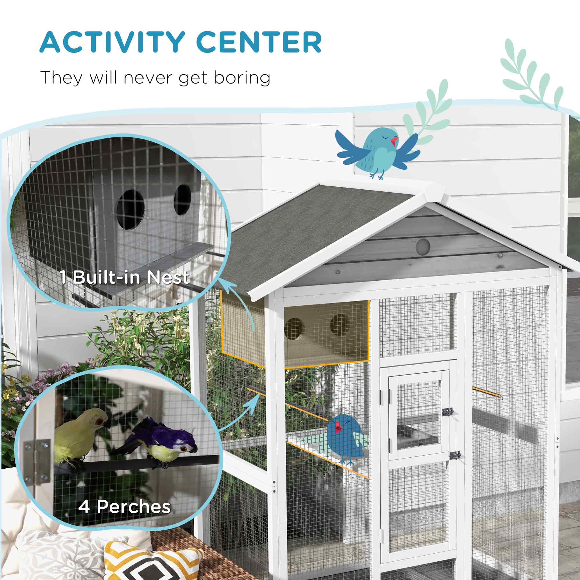 64.5" Wooden Bird Cage Aviary, Flight Cage with 4 Perches, Nest and Slide-Out Tray for Indoor/Outdoor, Gray