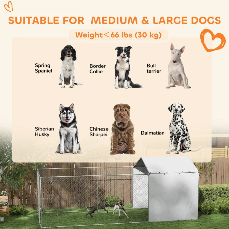 Galvanized Chain Link Large Outdoor Dog Kennel With Waterproof & UV-Resistant Cover, For M&L Dogs, 19.7' X 7.5' X 7.5'