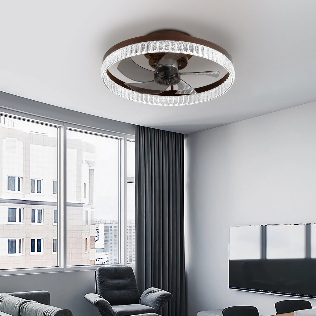 20  Brown Ceiling Fan With LED Light -Modern Flush Mount Fan Light For Bedroom, Living Room, And Home Decor With Crystal Ring Design