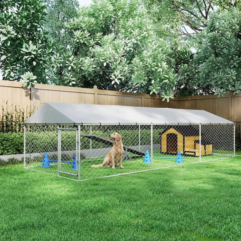 PawHut 20' X 7.5' X 5' Dog Kennel Outdoor For Large Dogs With Waterproof Roof, Silver,For Multiple Parcels Of Goods, Please Pay Attention To The Detailed Dimensions And Weight