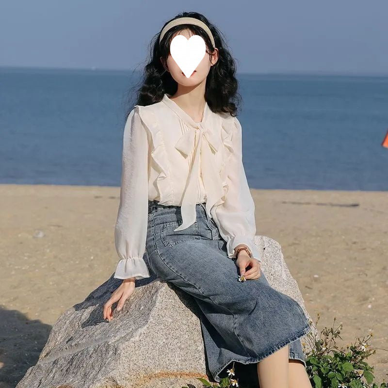 Bow-tie Chiffon Blouse Womens Ruffled Base Shirt