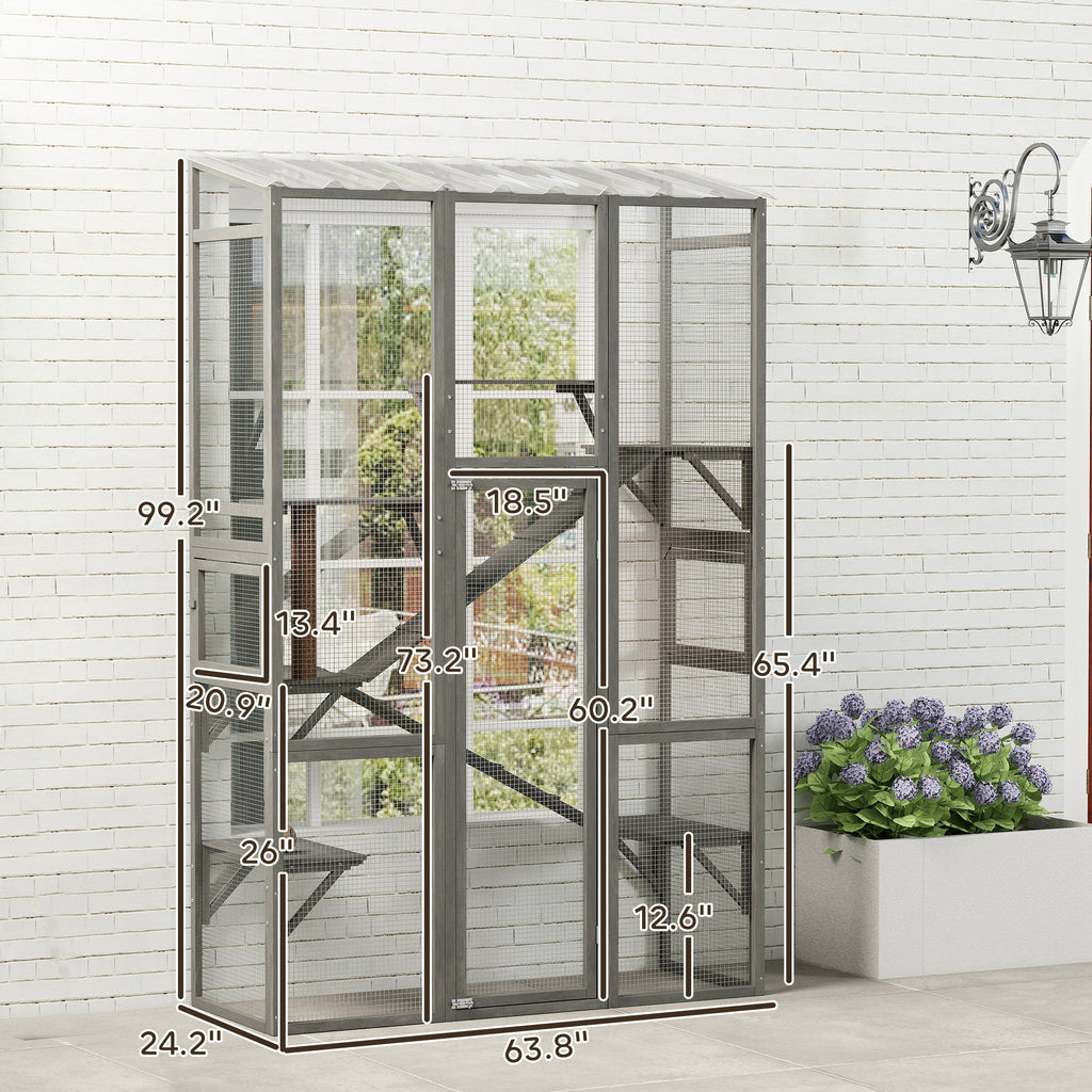 Outdoor Catio Cat Enclosure, Large Wooden Cat House with 6 Jumping Platforms, Scratching Post, 2 Ramps, for 2-3 Kittens
