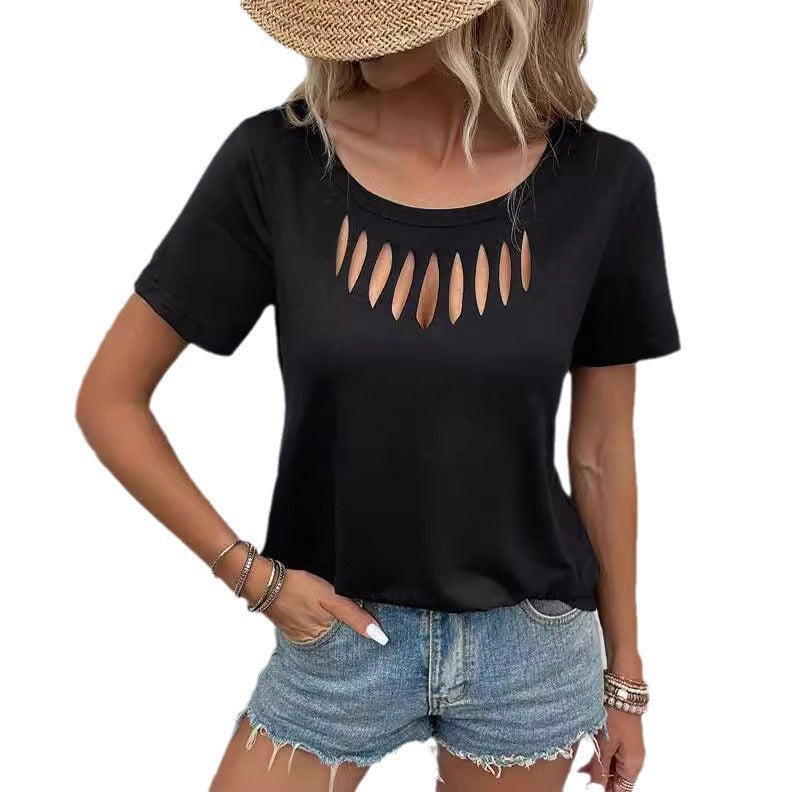 Solid-color Casual Chic Front-cutout Loose-fit Short-sleeve T-shirt
