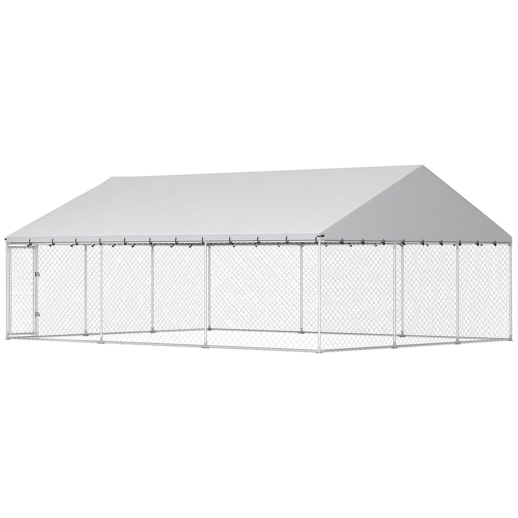 Heavy Duty Outdoor Dog Kennel with Waterproof Roof, 2 Secure Latches, Chain Link Dog Run for Backyard, 20' x 15' x 8'