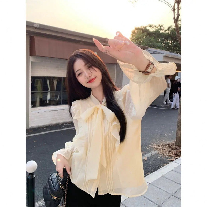 Bow-tie Chiffon Blouse Womens Ruffled Base Shirt