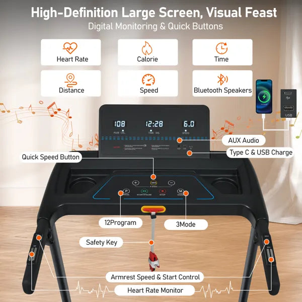 Treadmill With Incline, 3.0HP Quiet Foldable Treadmills For Home, 10.0MPH 300 LBS Weight Capacity Home Exercise Equipment Treadmills With Heart Rate Sensors,Type C & USB Charge Station ,Bluetooth