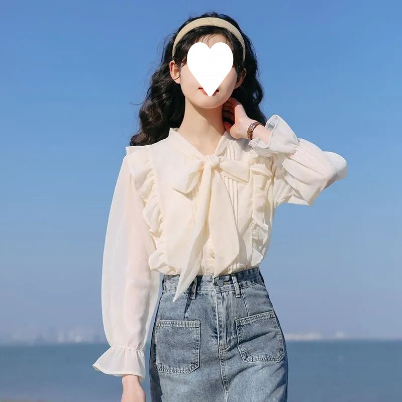 Bow-tie Chiffon Blouse Womens Ruffled Base Shirt
