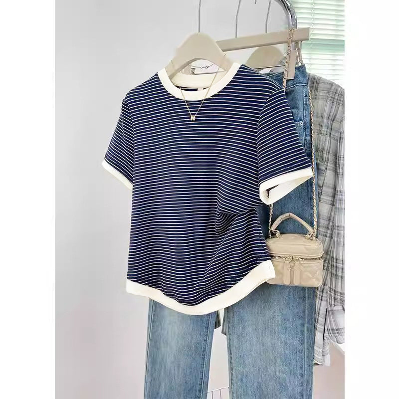 Womens Striped Loose-fitting Slimming Casual Top