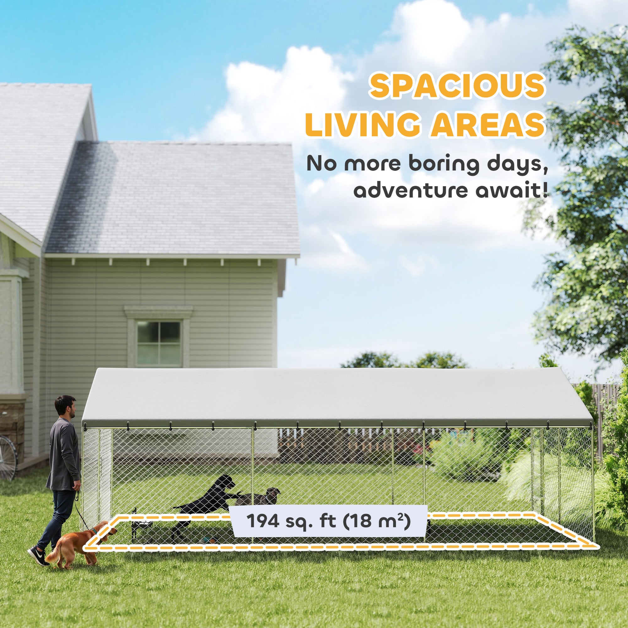 Heavy Duty Outdoor Dog Kennel with Waterproof Roof, 2 Secure Latches, Chain Link Dog Run for Backyard, 20' x 10' x 7'