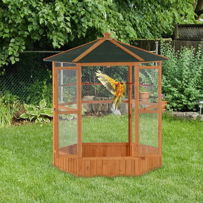 PawHut 69 Wooden Hexagonal Outdoor Aviary Flight Bird Cage With Covered Roof, BrownFor Multiple Packages, Please Pay Attention To The Detailed Dimensions And Weight Of Each Package.