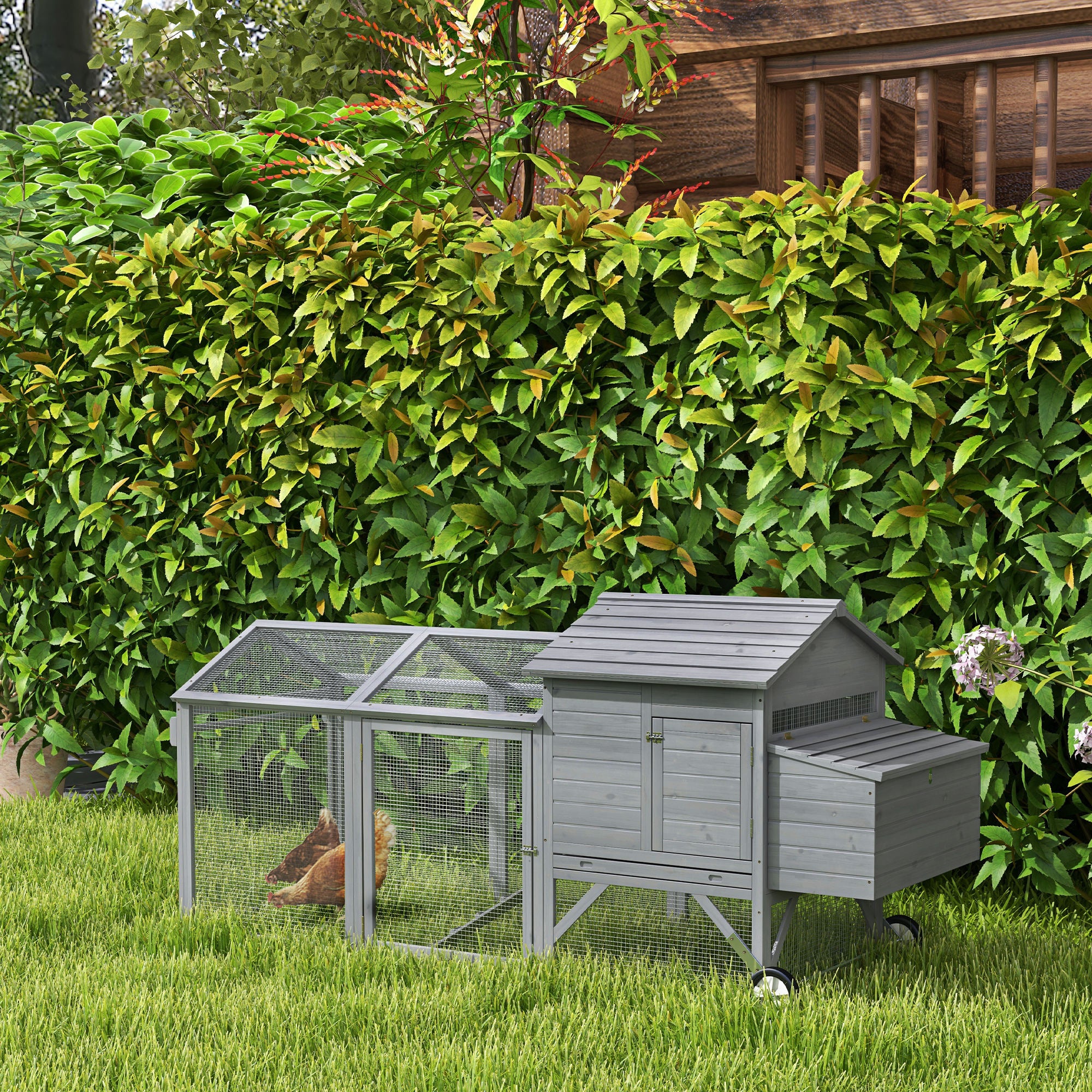 96.5" Chicken Coop Wooden Hen House Poultry Cage Pen Portable with Wheels and Nesting Box, Chicken Cage for Backyard Outdoor, Gray