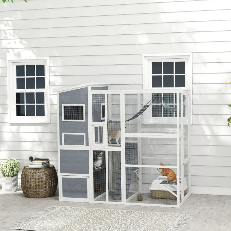 Large Wooden Catio Outdoor, Cat Enclosure W 4 Tier Resting Rooms, 3 Platforms, 1 Soft Ladder, 2 Ramps, 1 Hammock,Multiple Packages Will Be Shipped,Please Pay Attention To The Dimensions And Weight