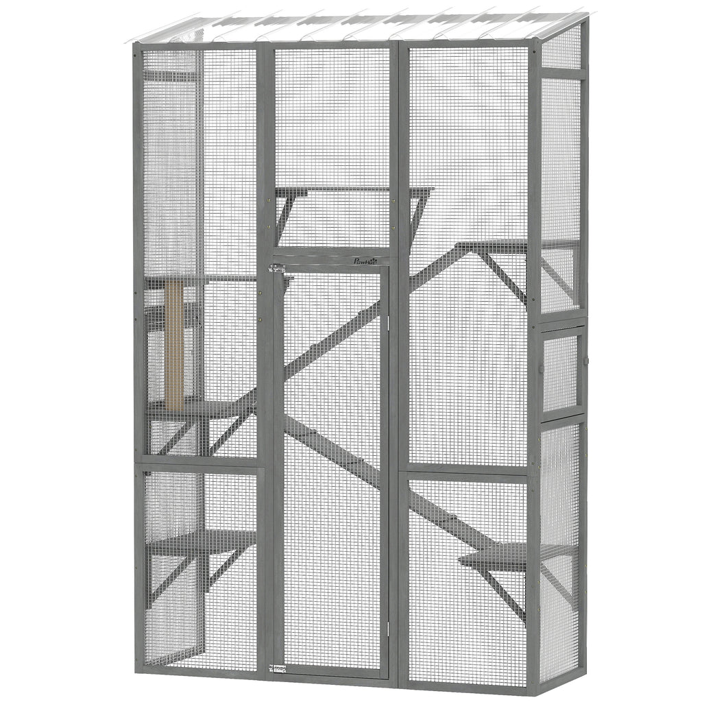 Outdoor Catio Cat Enclosure, Large Wooden Cat House with 6 Jumping Platforms, Scratching Post, 2 Ramps, for 2-3 Kittens