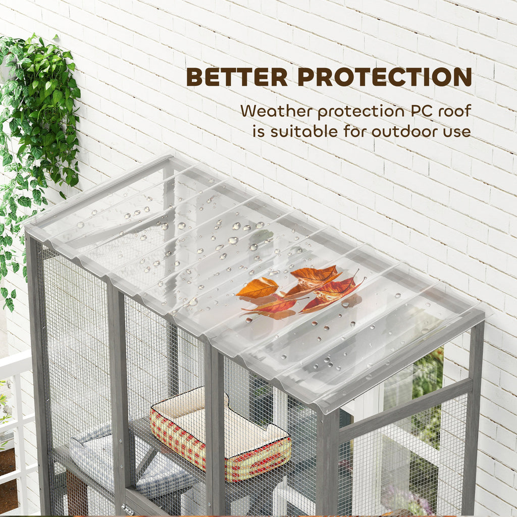 Outdoor Catio Cat Enclosure, Large Wooden Cat House with 6 Jumping Platforms, Scratching Post, 2 Ramps, for 2-3 Kittens