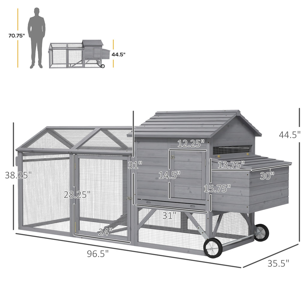 96.5" Chicken Coop Wooden Hen House Poultry Cage Pen Portable with Wheels and Nesting Box, Chicken Cage for Backyard Outdoor, Gray