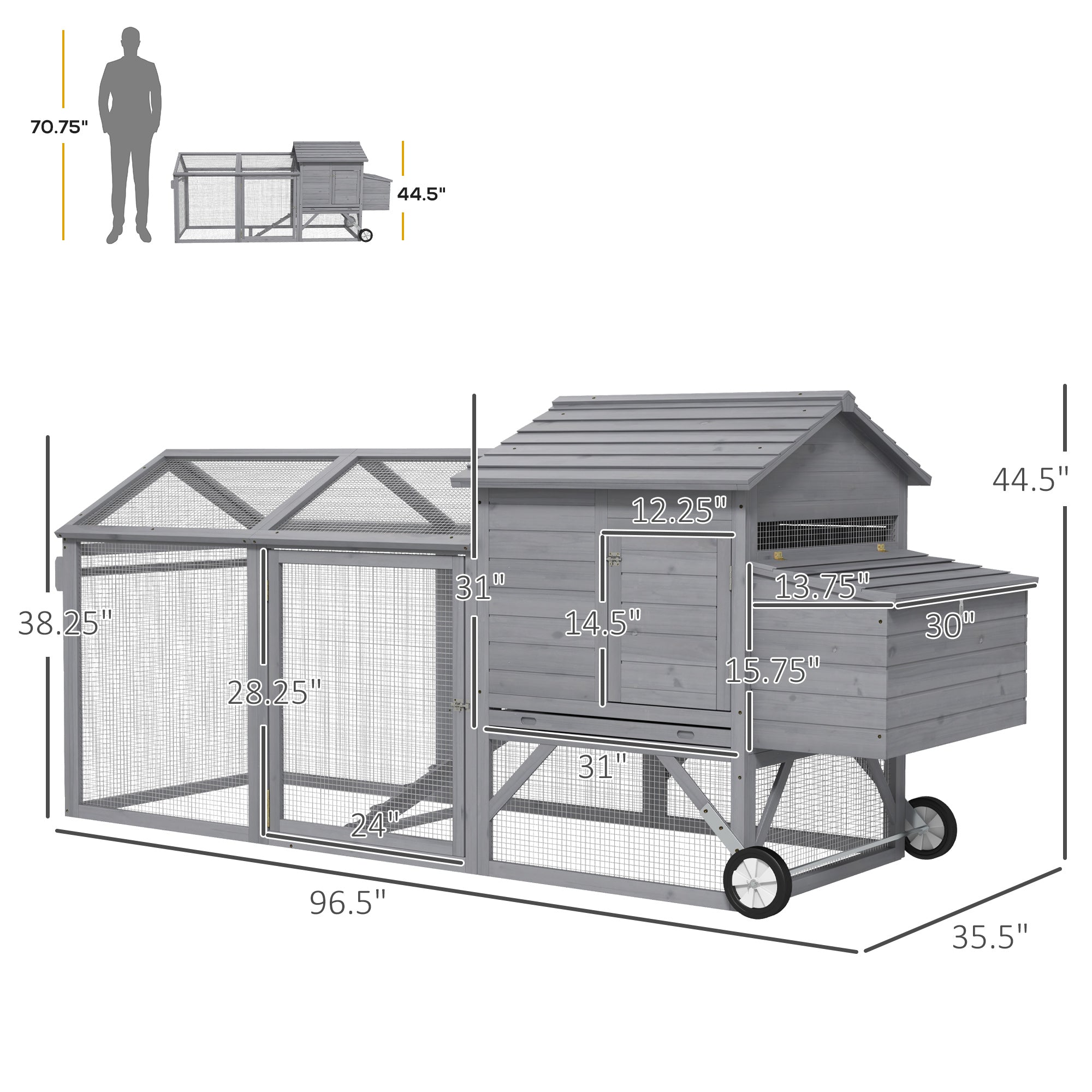 96.5" Chicken Coop Wooden Hen House Poultry Cage Pen Portable with Wheels and Nesting Box, Chicken Cage for Backyard Outdoor, Gray