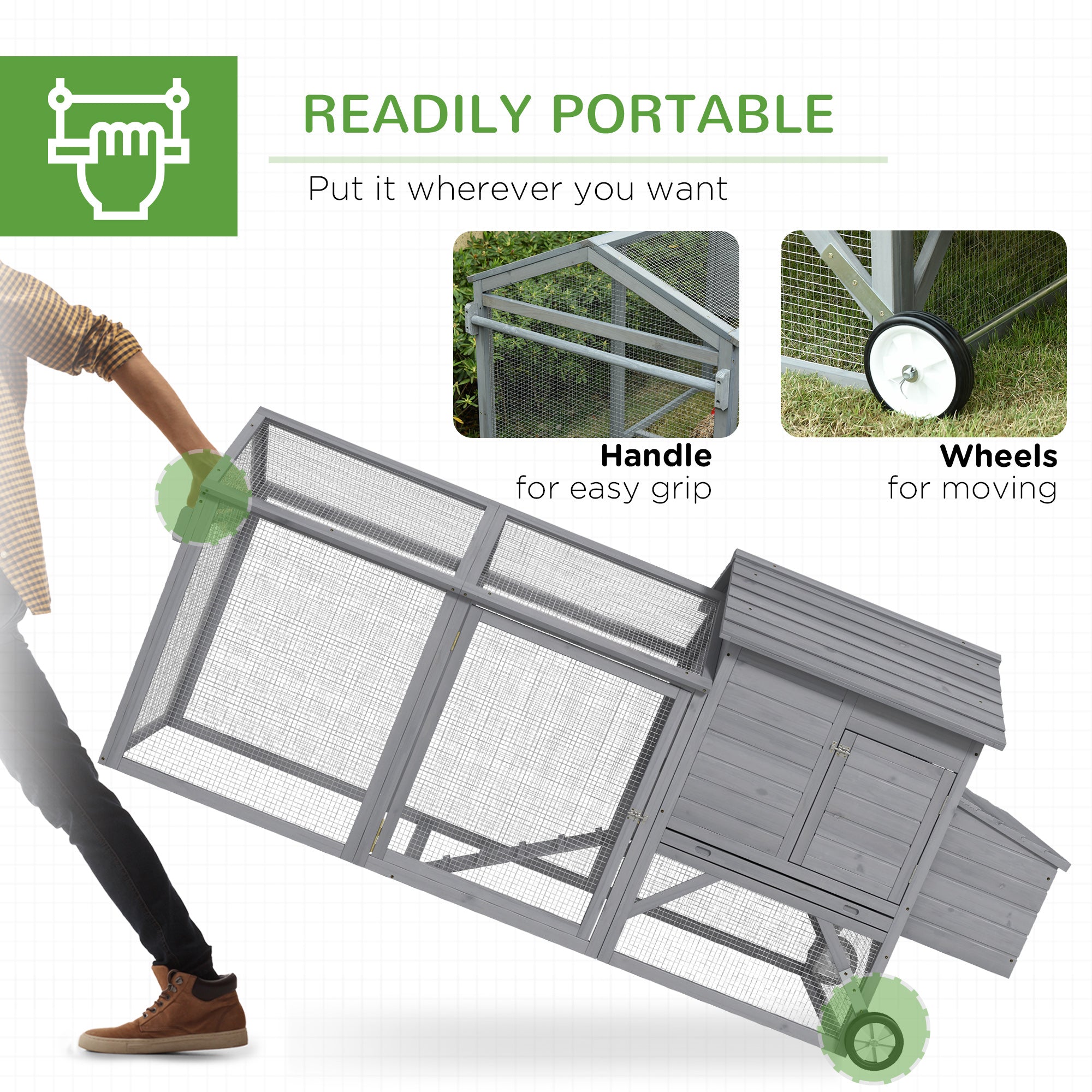 96.5" Chicken Coop Wooden Hen House Poultry Cage Pen Portable with Wheels and Nesting Box, Chicken Cage for Backyard Outdoor, Gray