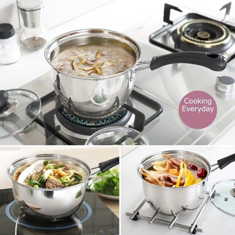 Set Of 3 Induction Non Stick Stainless Steel Cookware Kitchen Glass Lids Pot Pan