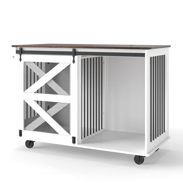 47.2" Mobile Dog Crate With Flip-Top Feeding Door, Dual-Access & 5 Caster System (2 Locking), Side Hooks - Multi-Functional Pet Kennel,double Dog Crate Furniture