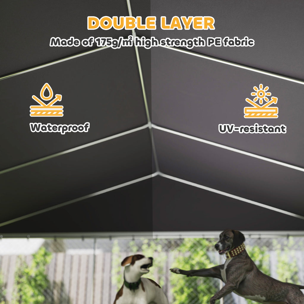 Heavy Duty Outdoor Dog Kennel with Waterproof Roof, Secure Latch, Chain Link Dog Run for Backyard, 19.7' x 19.7' x 8.9'