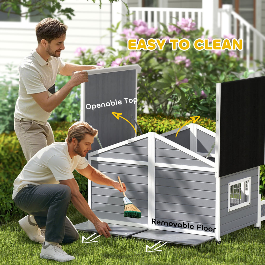 Dog House Outdoor, Wooden Dog Kennel Weatherproof with Porch, Openable Roof, Removable Bottom, Elevated Floor, Double Room for 2 Small to Medium Breeds, Gray