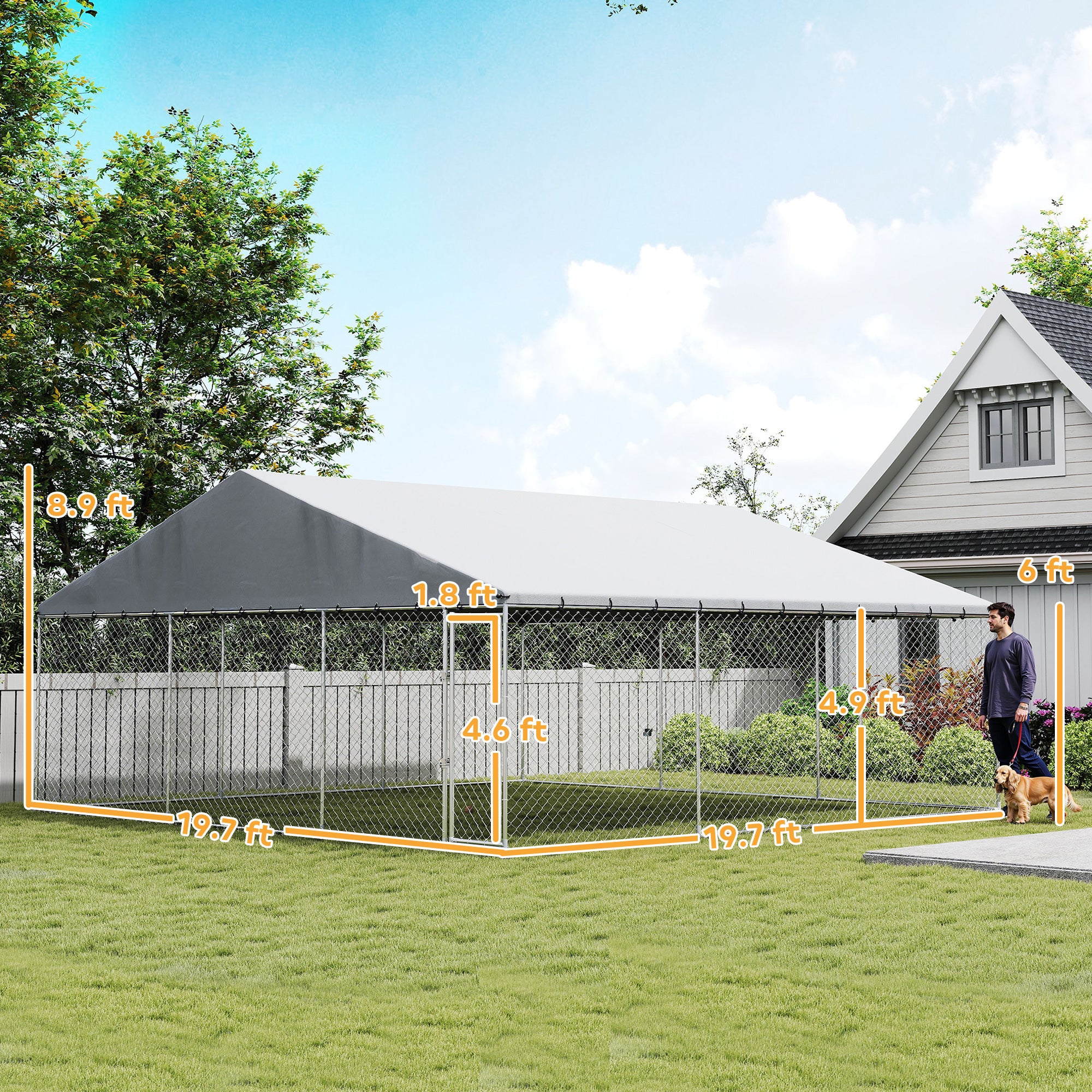 Heavy Duty Outdoor Dog Kennel with Waterproof Roof, Secure Latch, Chain Link Dog Run for Backyard, 19.7' x 19.7' x 8.9'