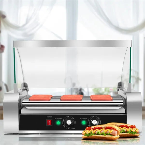 Stainless Steel Hot Dog Maker - 7 Rows, Toughened Glass Hood & 17.7"x9.8" Grill Surface