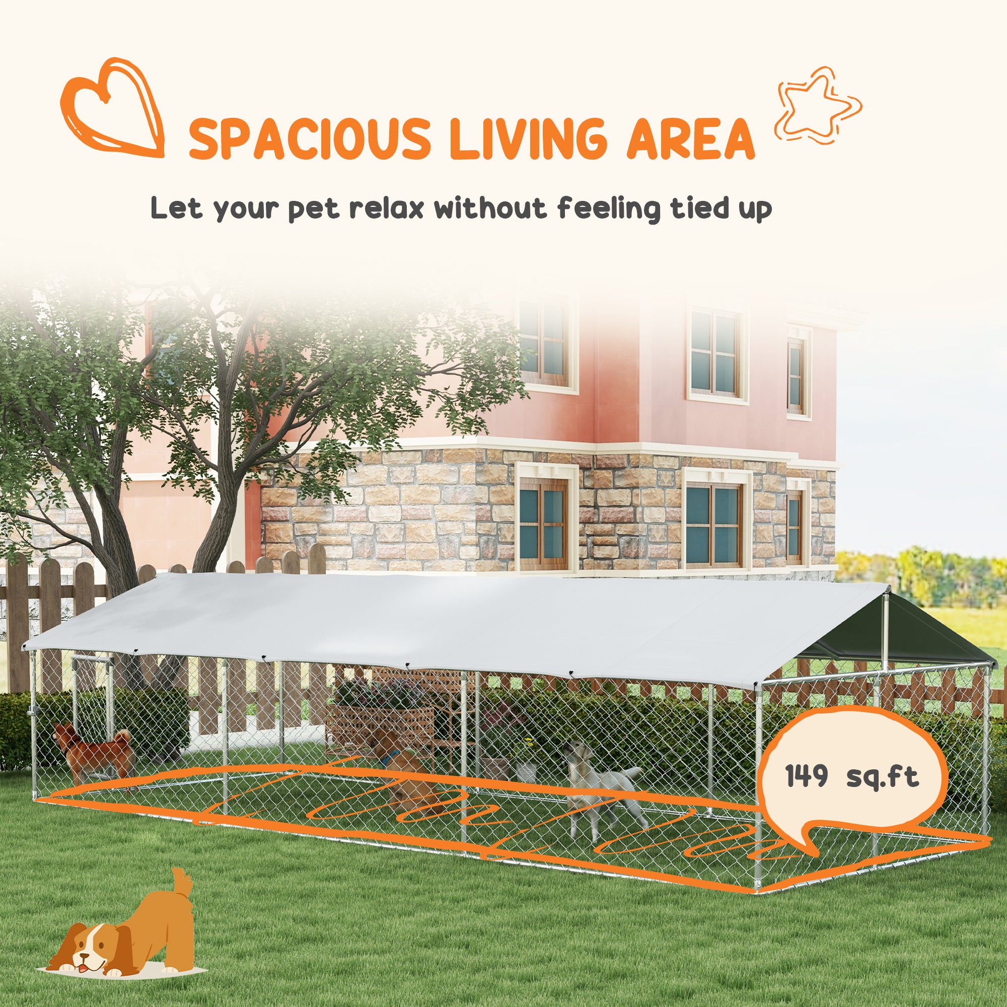 19.7' x 7.5' x 4.9' Outdoor Dog Kennel for Large-Sized Dogs with Waterproof UV Resistant Roof, Silver