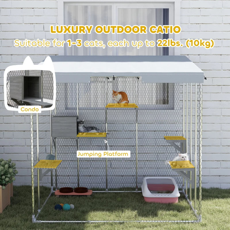 Galvanized Steel Large Catio With Waterproof Canopy, Sleeping Box, Jumping Platforms, For 1-3 Kittens, SilverMultiple Packages Shipped. Please Pay Attention To The Dimensions And Weight In The Details