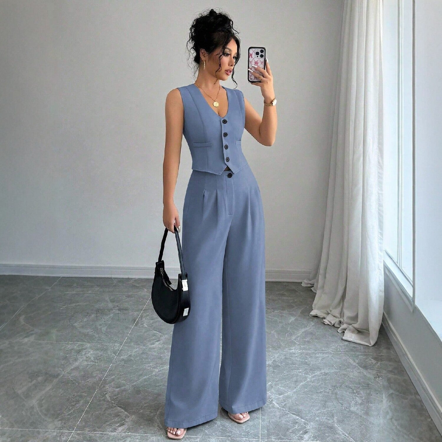 Chic Tweed-Style Vest & Pants Co-ord Set