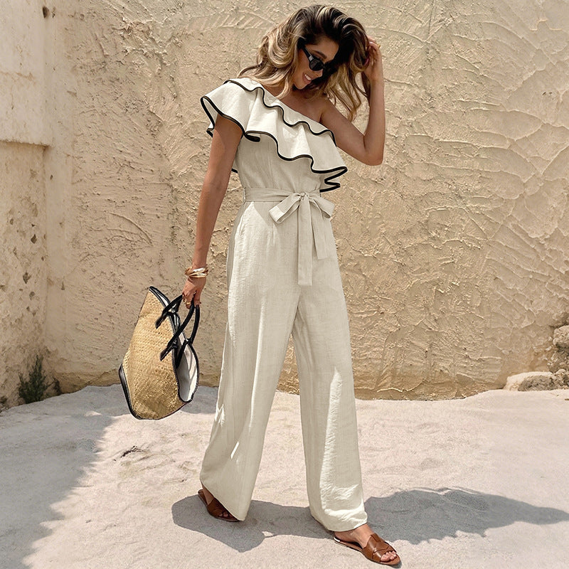 One-Shoulder Ruffle-Trimmed Drawstring Waist Jumpsuit