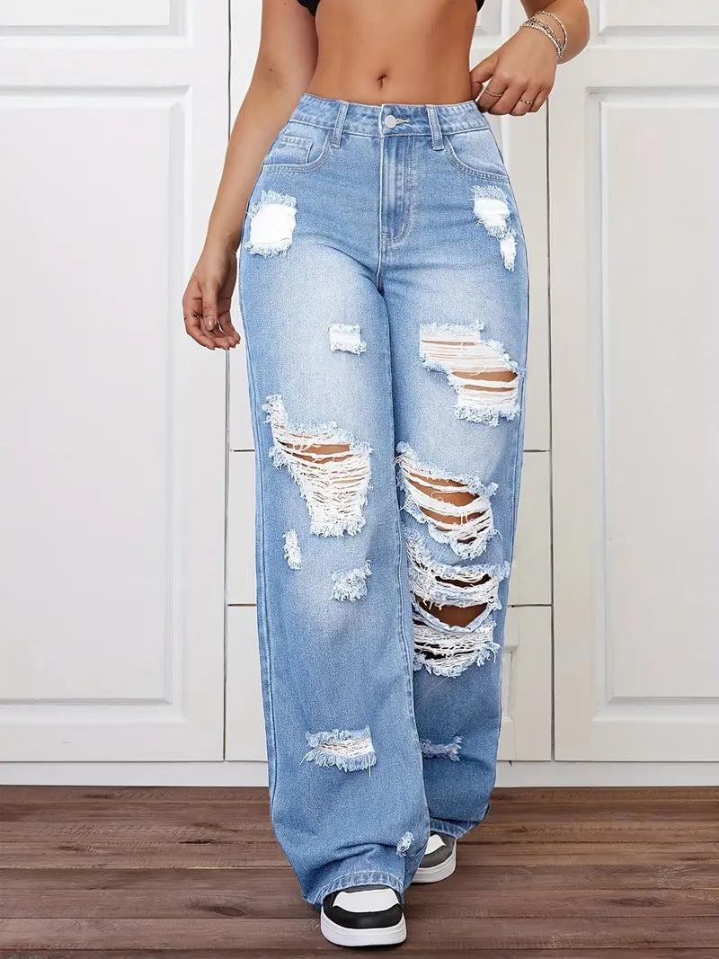 Women's Washed Ripped Straight Jeans