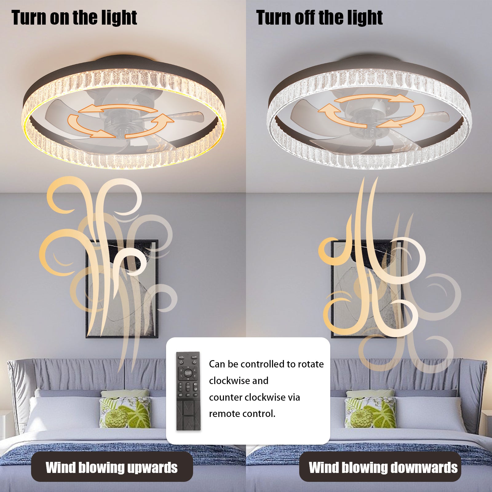 20  Brown Ceiling Fan With LED Light -Modern Flush Mount Fan Light For Bedroom, Living Room, And Home Decor With Crystal Ring Design