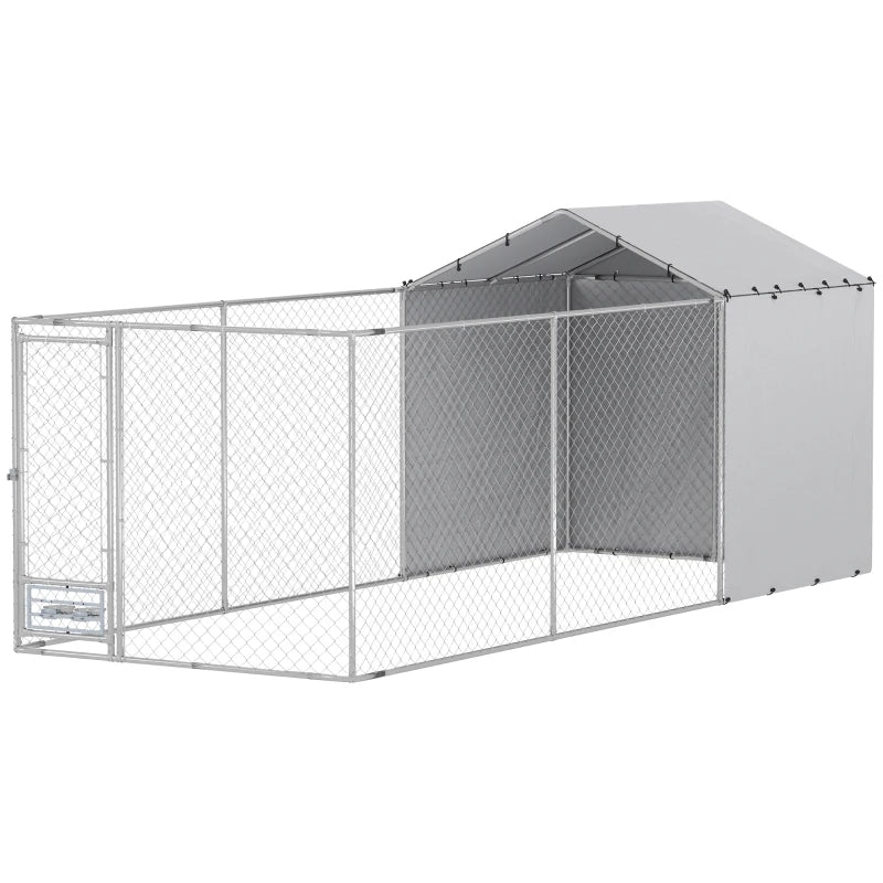 Galvanized Chain Link Large Outdoor Dog Kennel With Waterproof & UV-Resistant Cover, For M&L Dogs, 19.7' X 7.5' X 7.5'