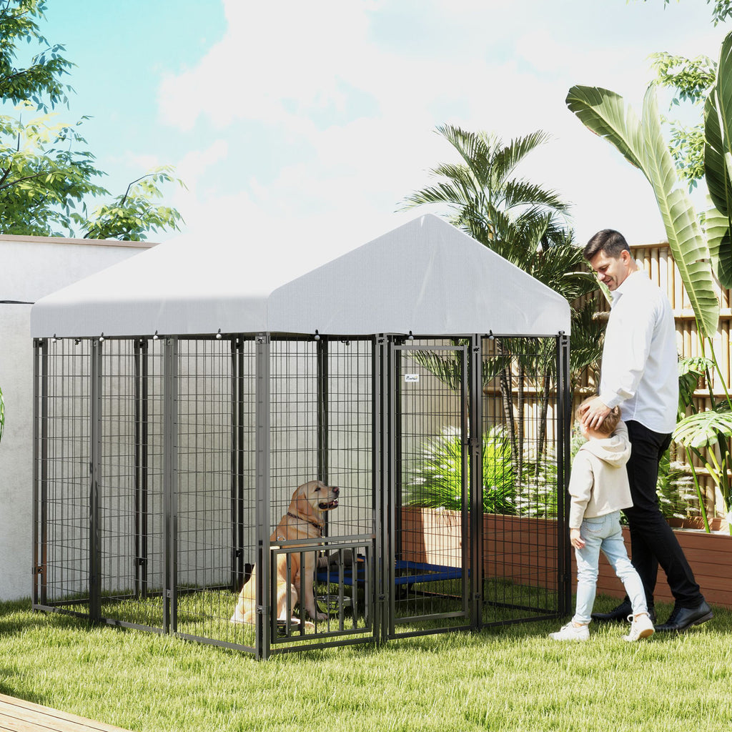 5.9' x 5.9' x 6' Outdoor Dog Kennel with Roof, Rotating & 4-Level Adjustable Bowls