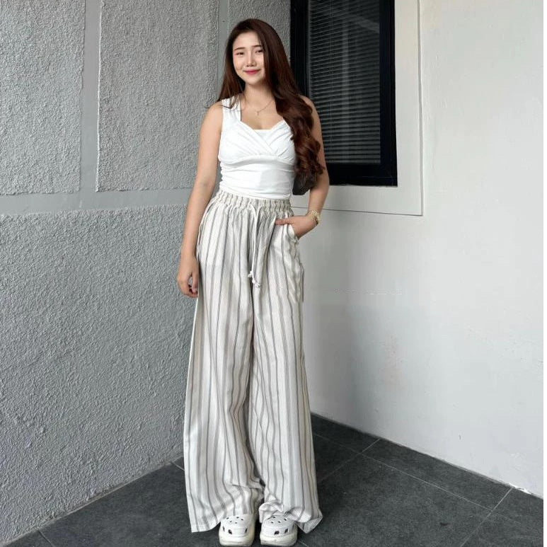 Women's Striped Loose Drawstring Wide-Leg Pants