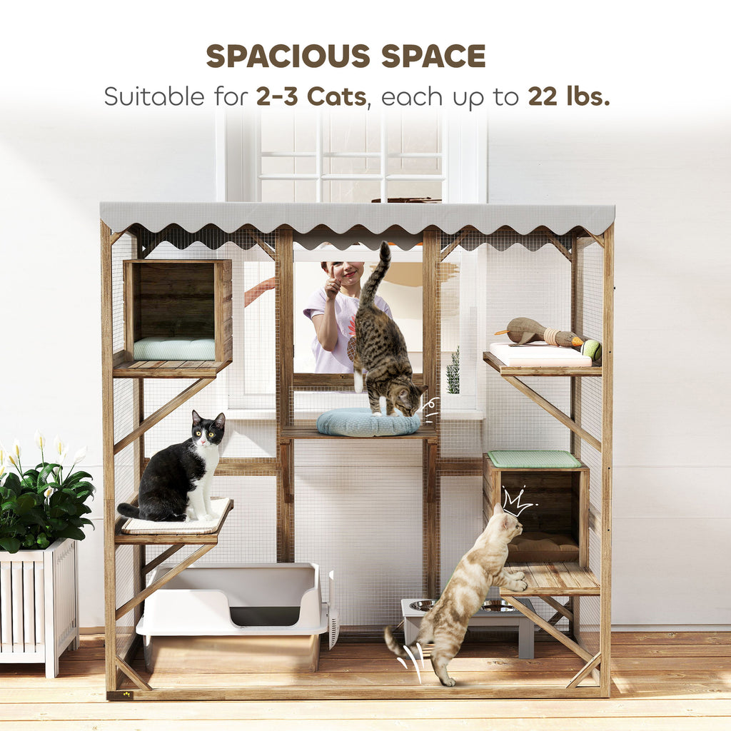 Outdoor Cat Enclosure with Window Access, 5 Platforms and 2 Resting Boxes, Waterproof Roof for Multiple Cats, Brown