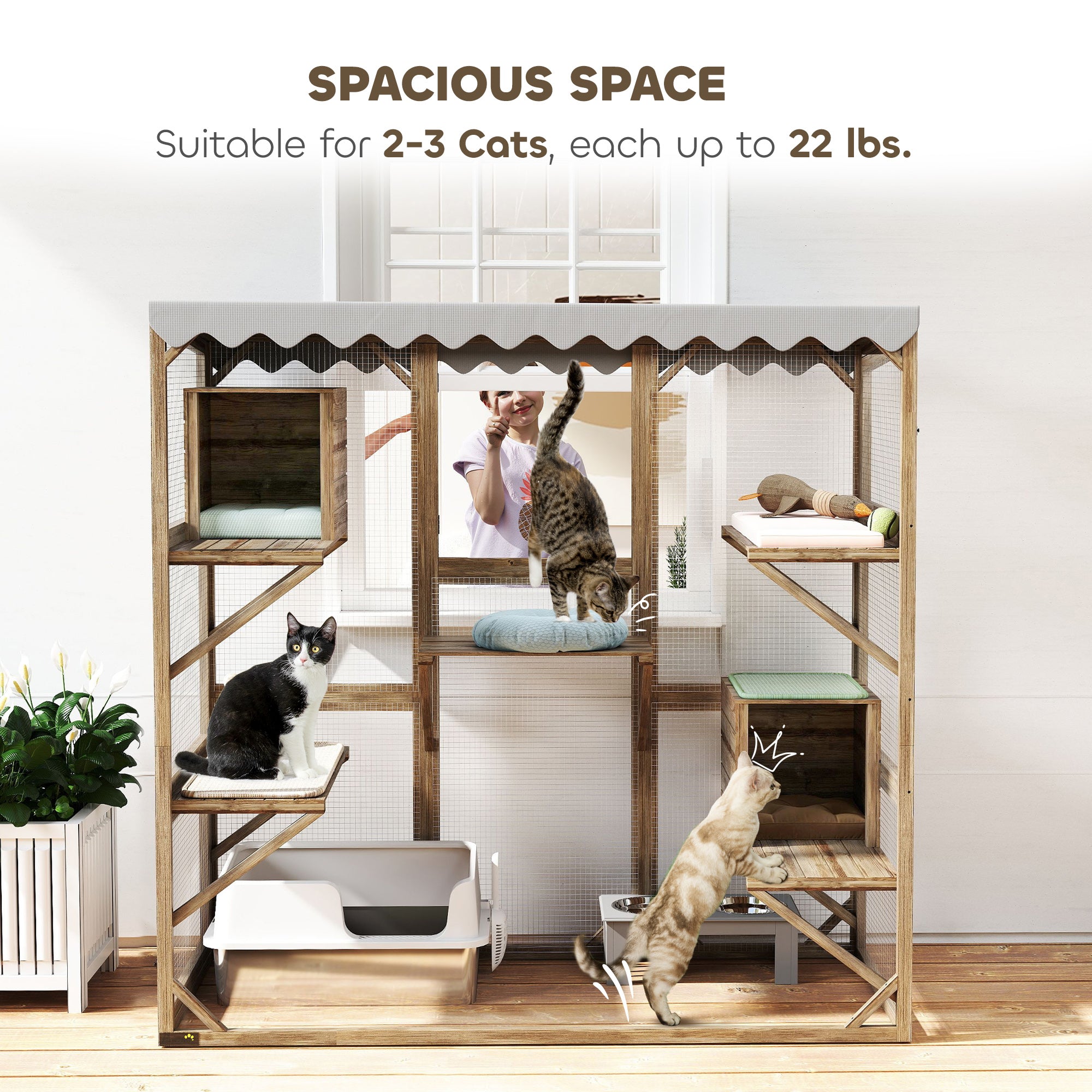 Outdoor Cat Enclosure with Window Access, 5 Platforms and 2 Resting Boxes, Waterproof Roof for Multiple Cats, Brown