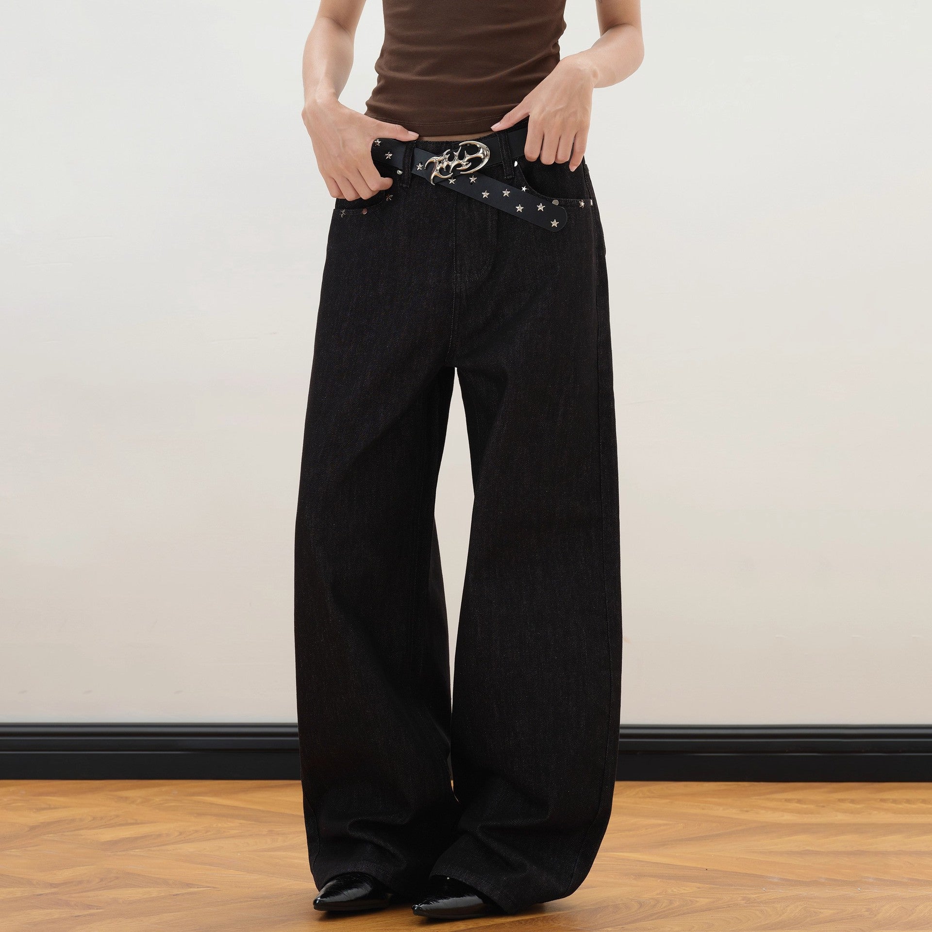 Spring Autumn High-End Relaxed Straight-Leg Denim Jeans With Rivets And Star Details