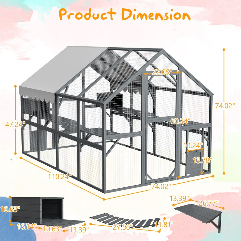 Extra Spacious Catio Outdoor Cat Haven, 110 Inch Luxury Cattery With Weather-Resistant Roof, Cat Climbing Ramp, Space Pod Bed, 2 Lounging Huts