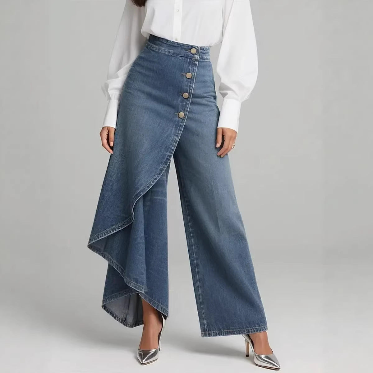 Women's Wide-Leg Ruffled Button Trousers